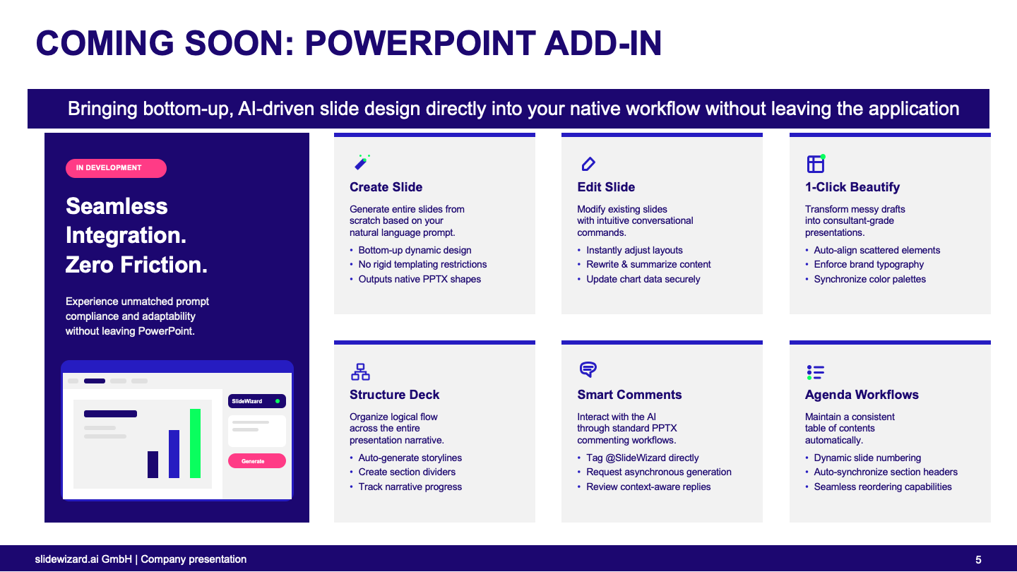 Thumbnail preview: Coming soon PowerPoint add-in slide showing in-development features including create slide, edit slide, one-click beautify, structure deck, smart comments, and agenda workflows inside PowerPoint.