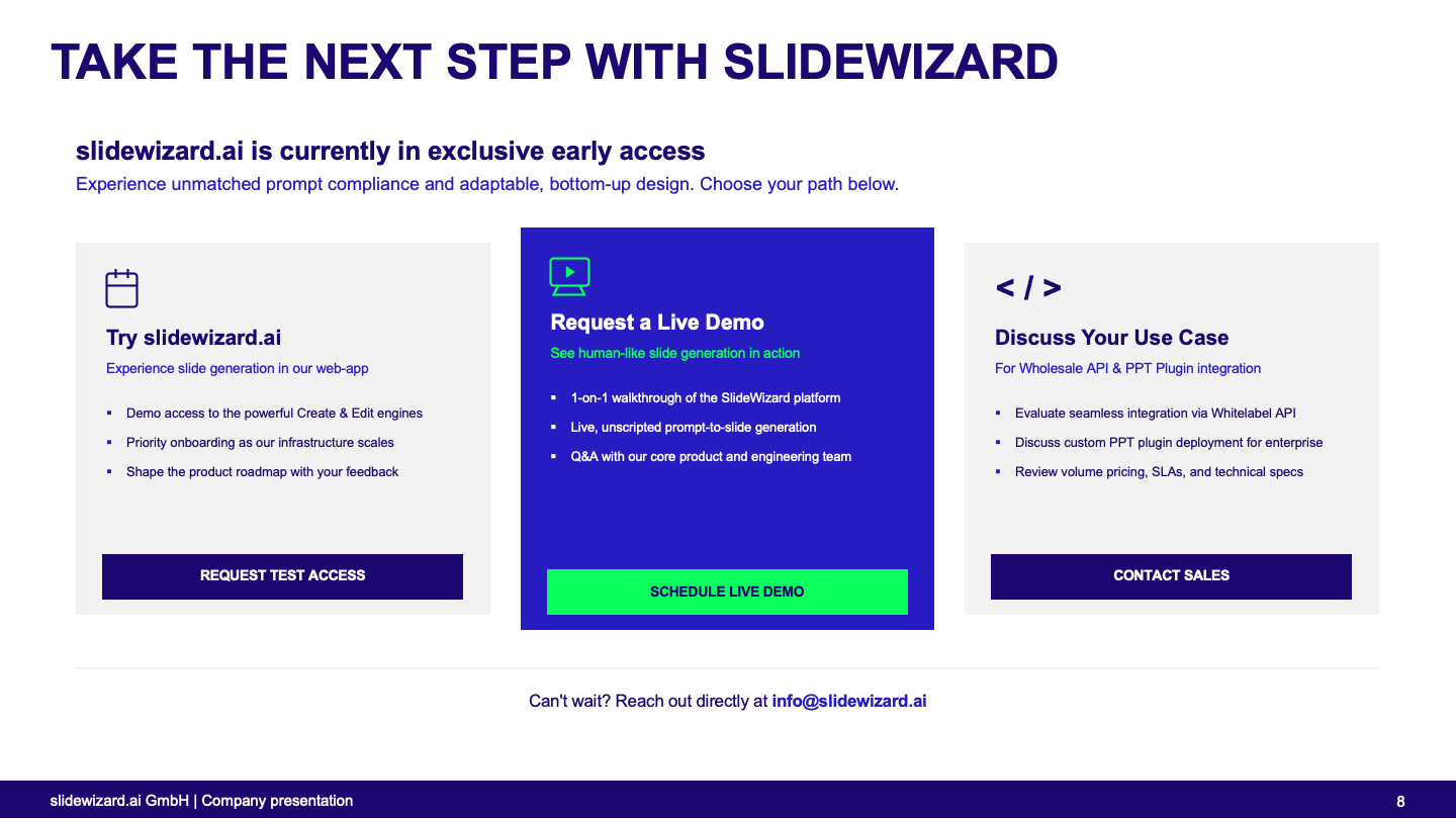 Thumbnail preview: Take the next step with SlideWizard slide showing early access options for joining the waitlist, requesting a live demo, or discussing wholesale API and PowerPoint plugin use cases.